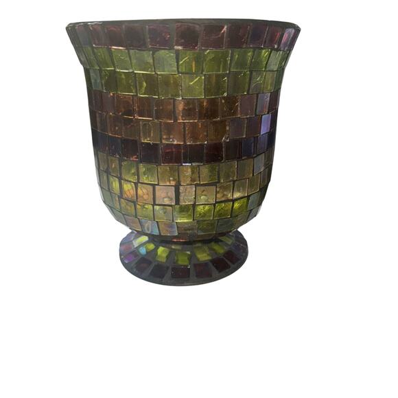Mosaic Glass Candle Holder Vase Iridescent Green & Purple 5.5” Tall - Picture 1 of 4